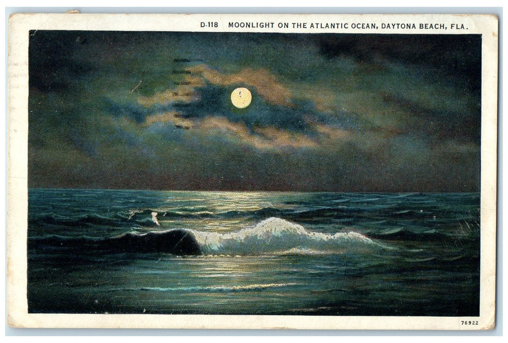 1934 Moonlight On The Atlantic Ocean Waves Daytona Beach Florida FL Postcard