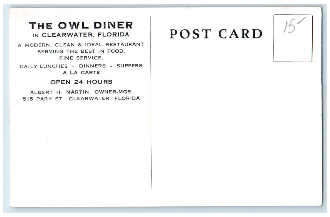 c1920 The Owl Diner Restaurant Building Entrance Clearwater Florida FL Postcard