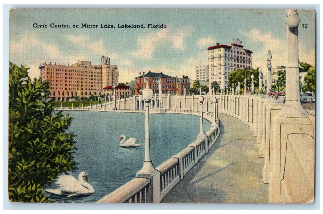 1910 Civic Center On Mirror Lake Swan Pathways View Lakeland Florida FL Postcard