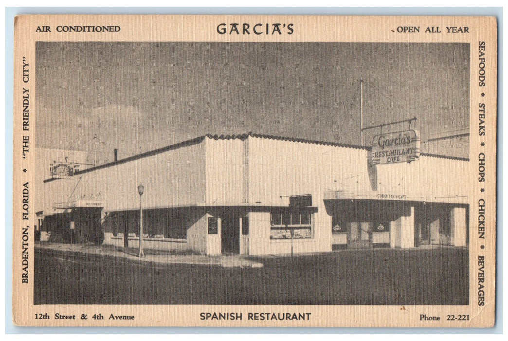 1952 Garcia's Spanish Restaurant Signage Entrance Bradenton Florida FL Postcard