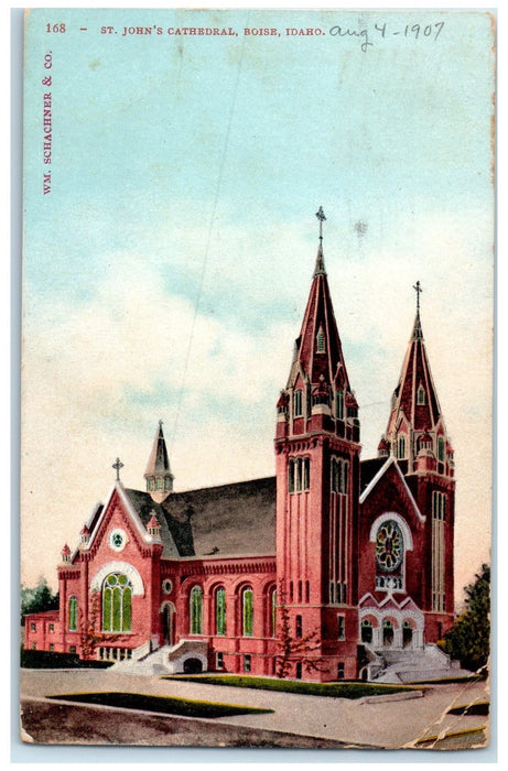 1907 St. John's Cathedral Building Cross Tower Entrance Boise Idaho ID Postcard