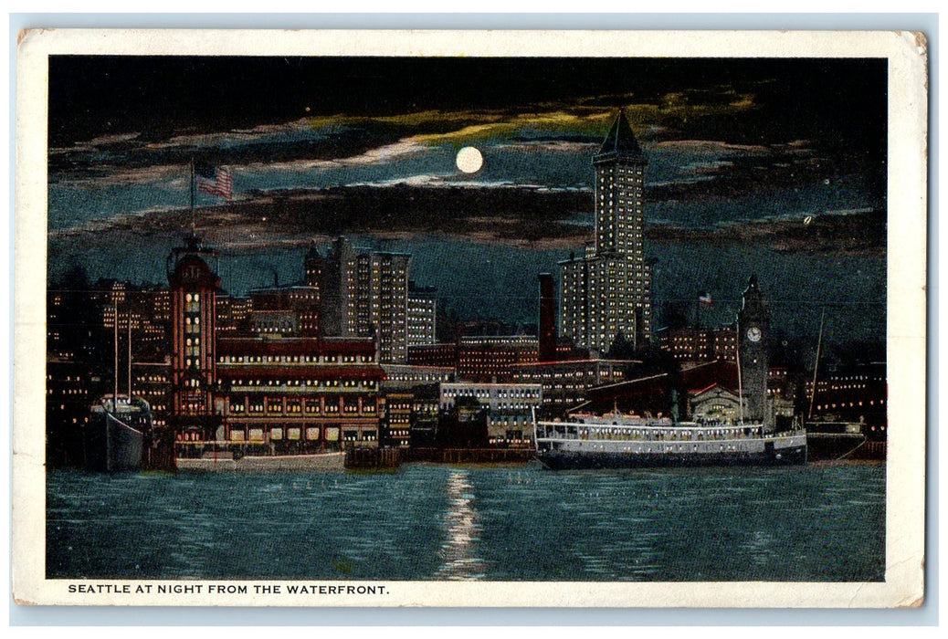 1920 Seattle At Night From The Waterfront Seattle Washington WA Posted Postcard