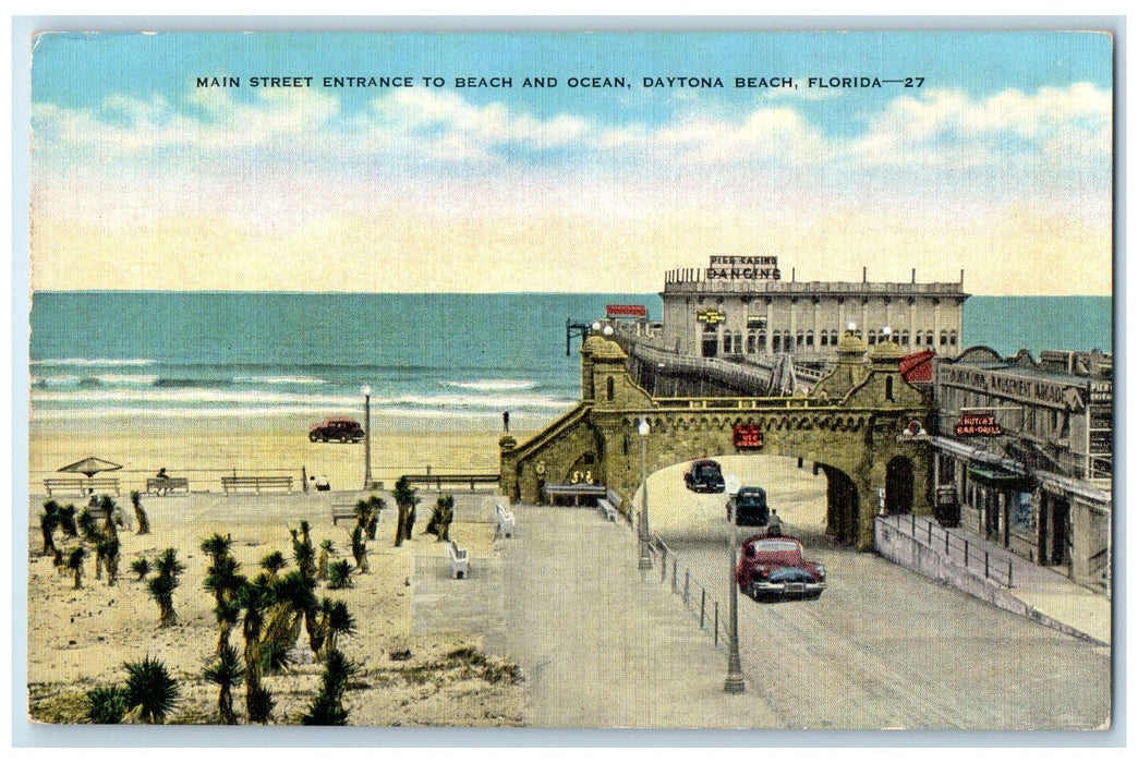 c1940's Main Street Entrance To Beach & Ocean Pier Daytona Florida FL Postcard