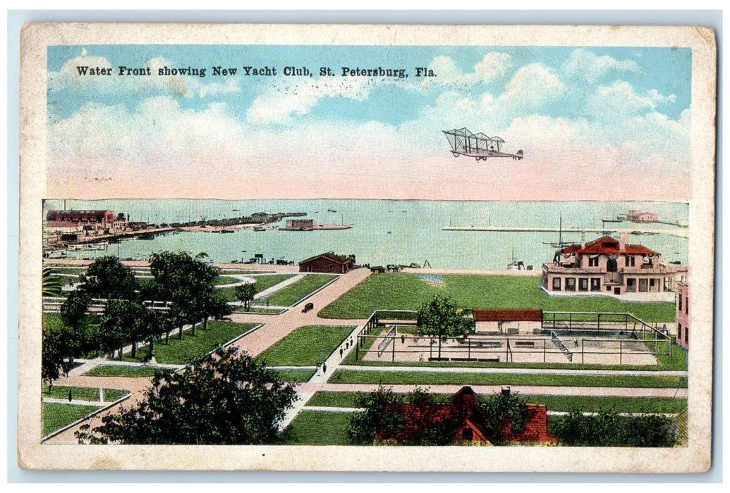 1918 Water Front Showing New Yacht Club St. Petersburg Florida FL Trees Postcard