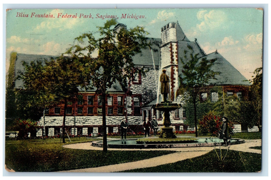 1909 Bliss Fountain Scene Federal Park Saginaw Michigan MI Posted Trees Postcard