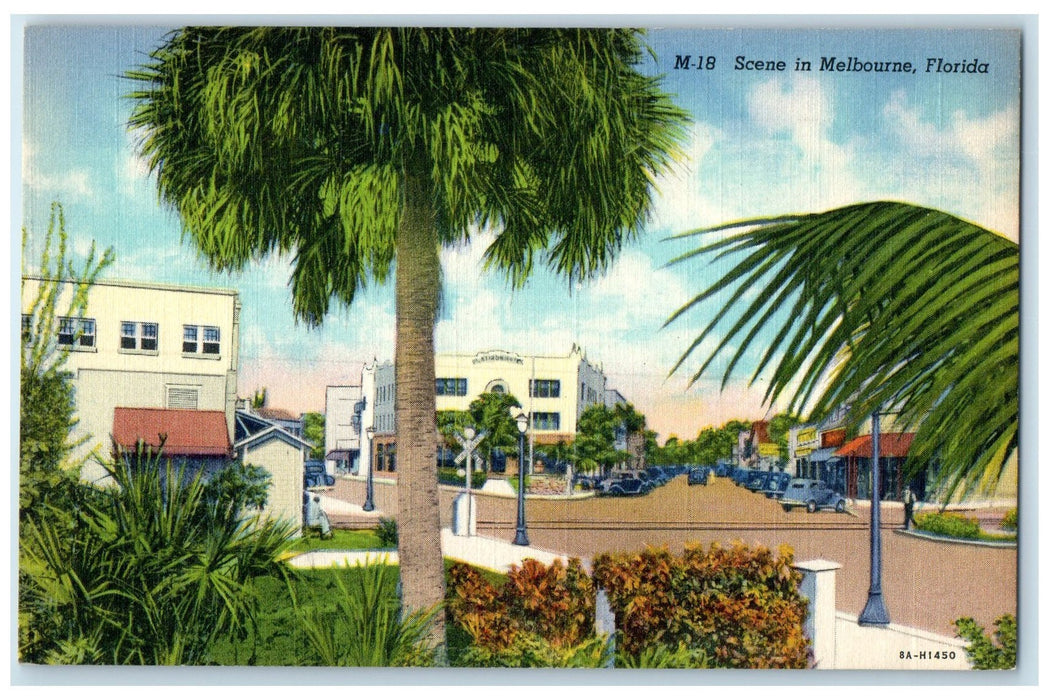 c1940 Scene Street Classic Cars Parked Railroad In Melbourne Florida FL Postcard
