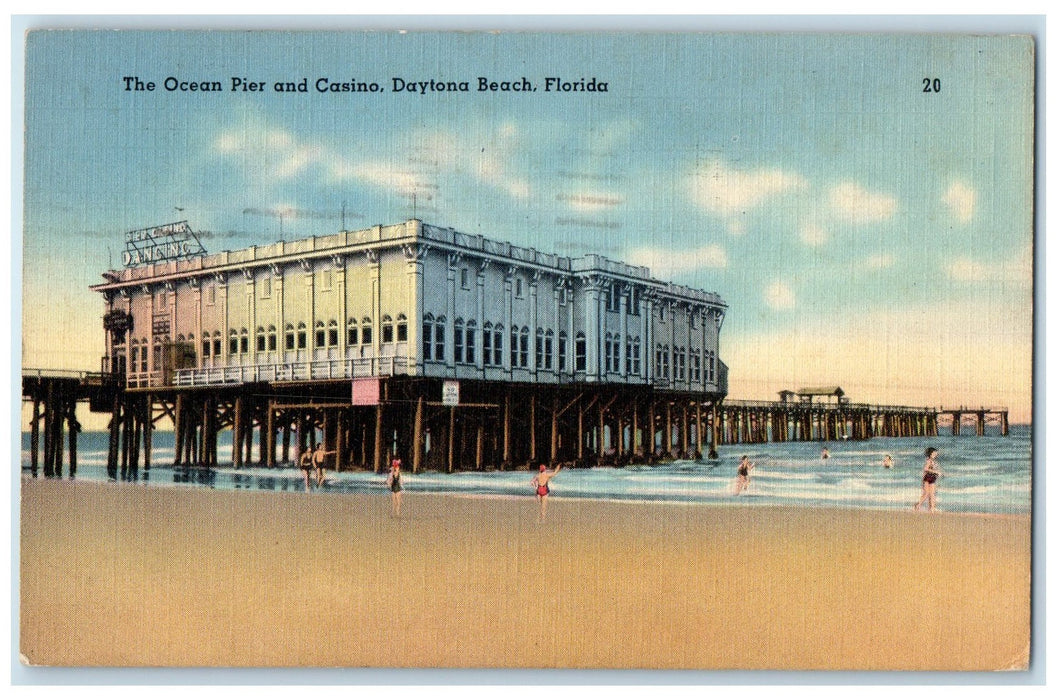 1941 The Ocean Pier & Casino Bathing Building Bridge Daytona Florida FL Postcard