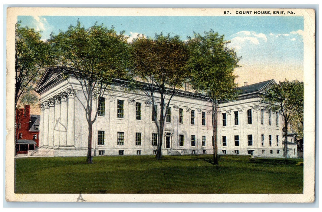 1918 Court House Exterior Roadside Erie Pennsylvania PA Posted Trees Postcard