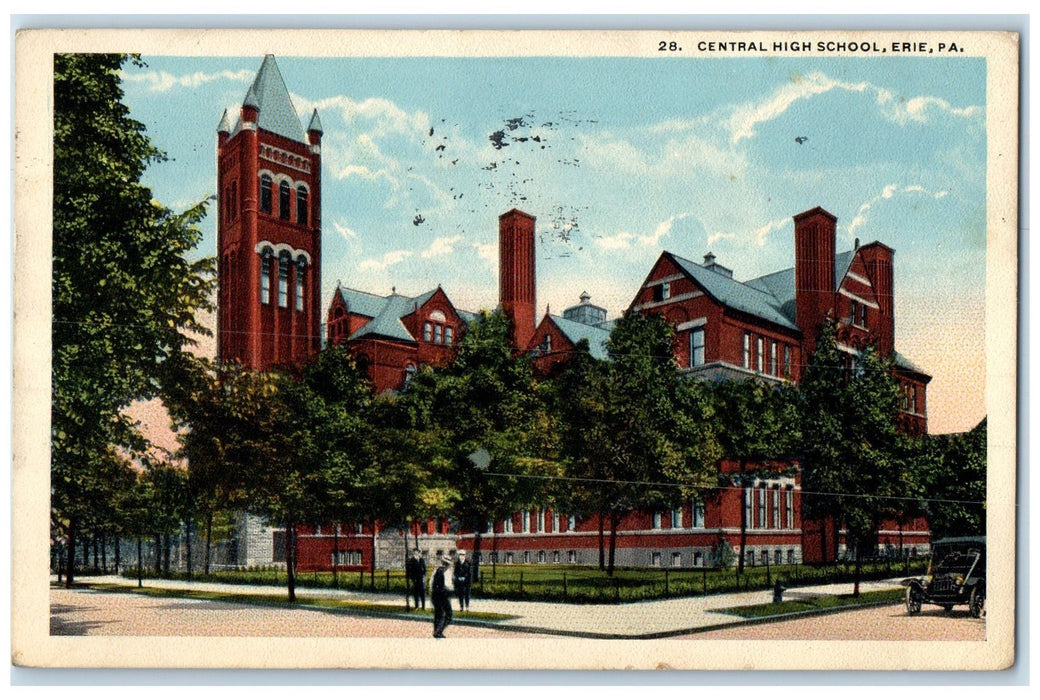 1918 Central High School Exterior Erie Pennsylvania PA Posted Trees Postcard