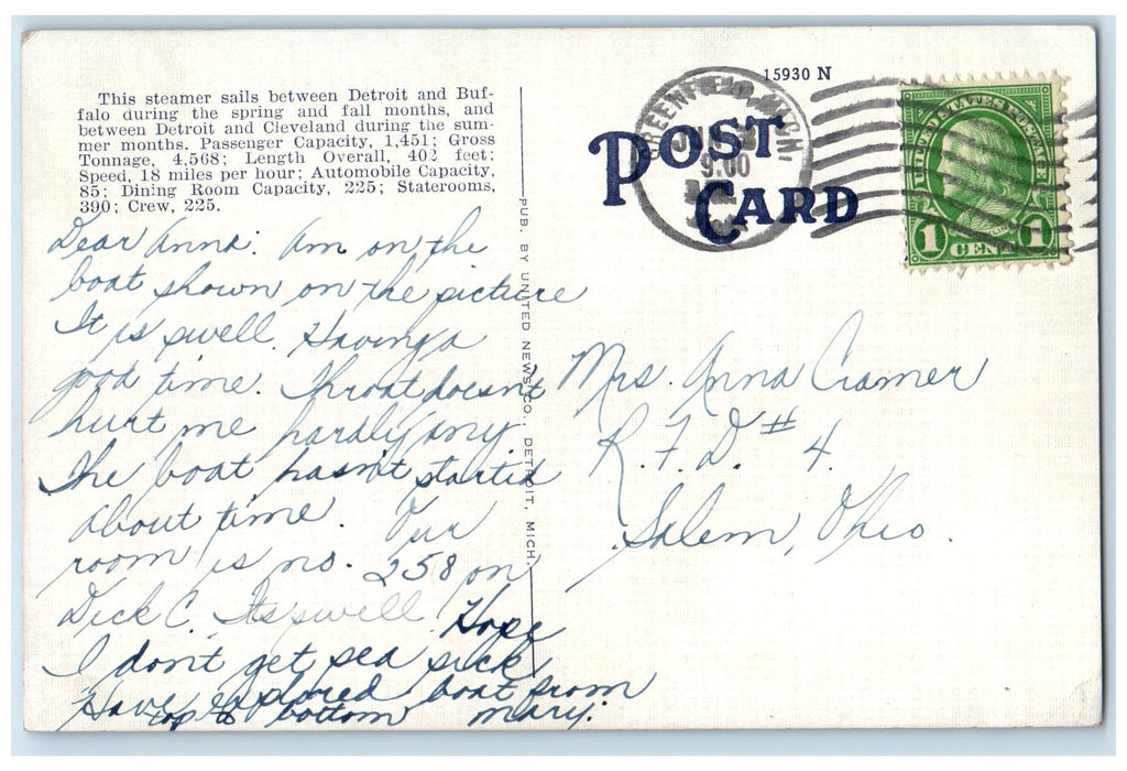 1945 City Of Cleveland Steamer Scene Detroit Michigan MI Posted Vintage Postcard