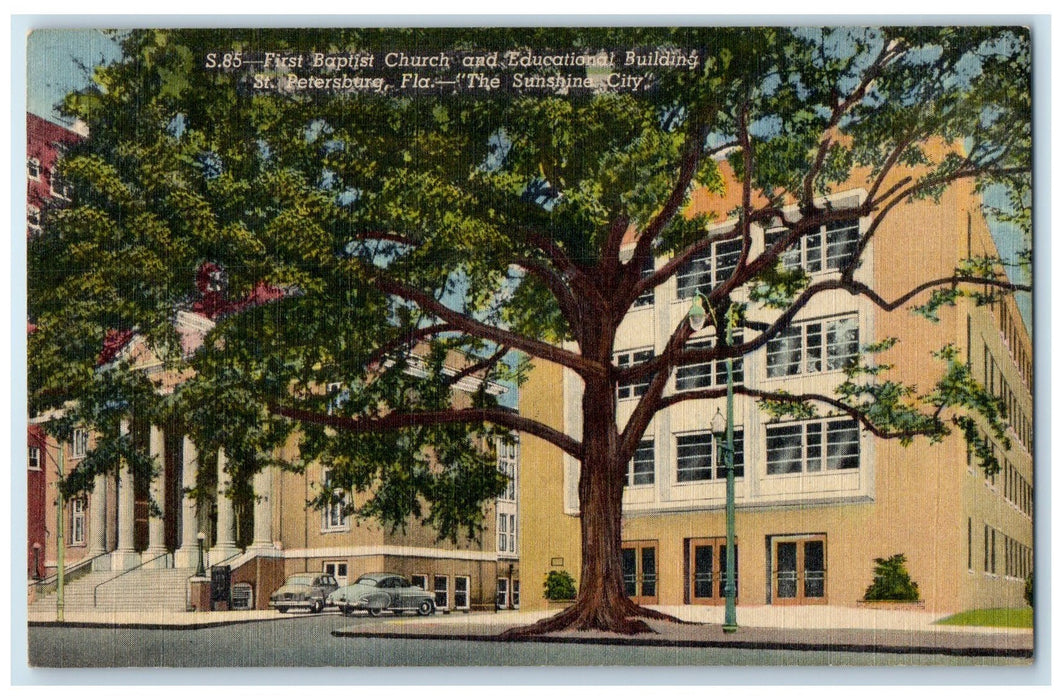1956 First Baptist Church & Educational Building Tree St. Petersburg FL Postcard
