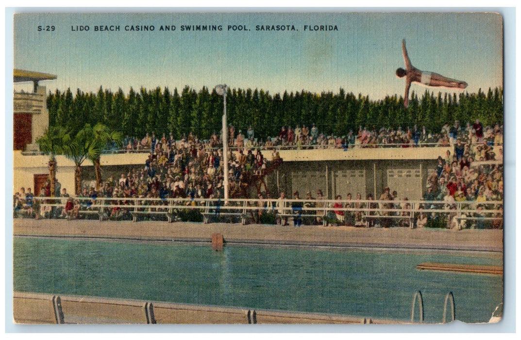 c1940's Lido Beach Casino & Swimming Pool Diving Sarasota Florida FL Postcard