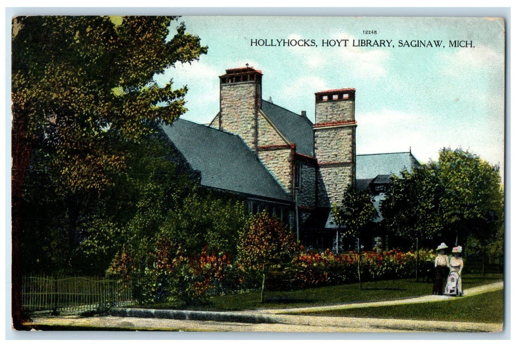 1908 Hollyhocks Hoyt Library Exterior Saginaw Michigan MI Posted Trees Postcard