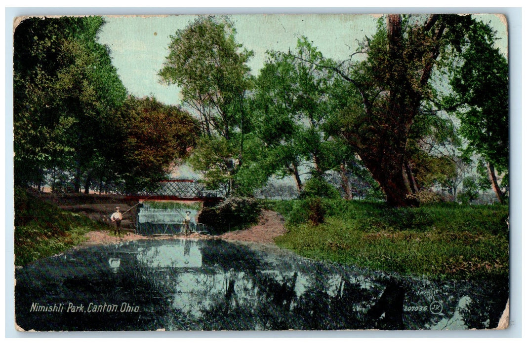 1917 Nimishli Park Bridge And Fishing Scene Canton Ohio OH Posted Trees Postcard