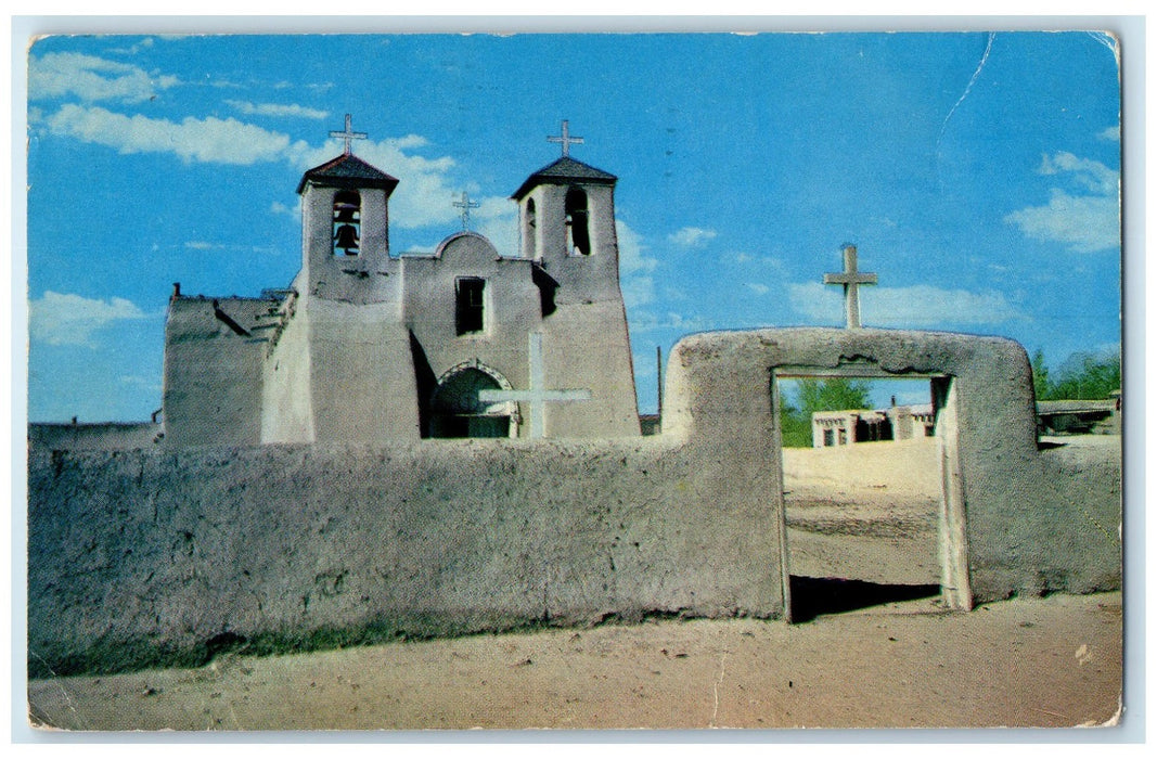 1954 Rancho De Taos Church Bell Tower Cross Entrance Taos New Mexico NM Postcard