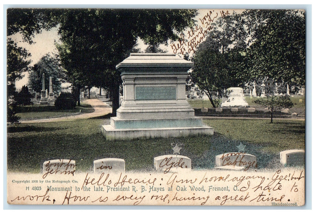 1905 Monument To President R. B. Hayes Oakwood Fremont Ohio OH Posted Postcard