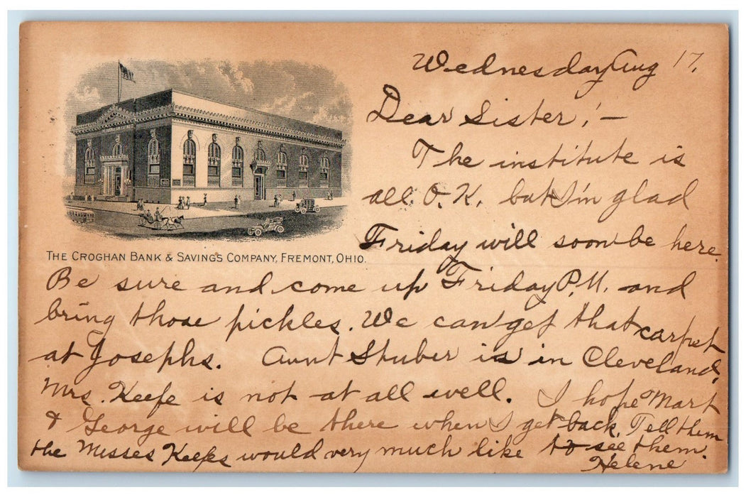 1908 The Croghan Bank & Savings Company Exterior Fremont Ohio OH Posted Postcard