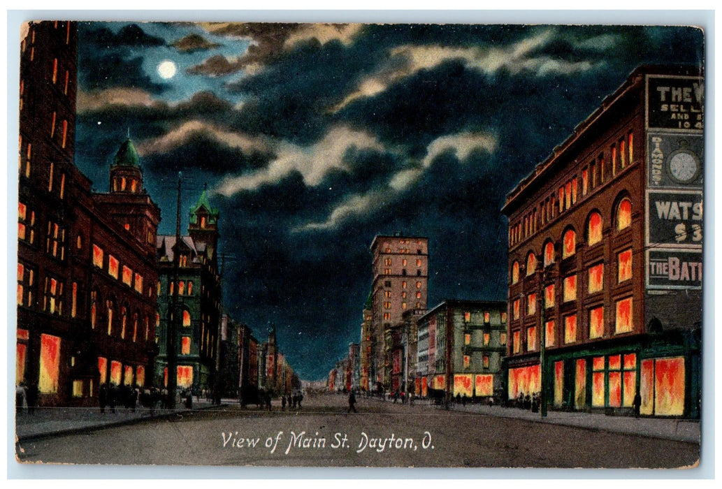 1908 View Of Main St. Moonlight Buildings Scene Dayton Ohio OH Posted Postcard
