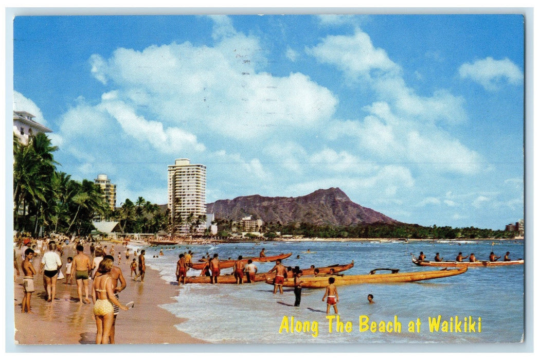 1965 Along The Beach Bathing Tourists Water Sports Waikiki Hawaii HI Postcard