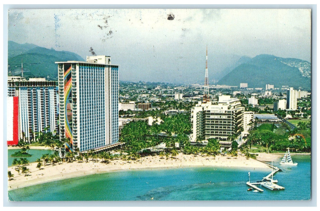1970 Aerial View Hilton Hawaiian Village Harbor Waikiki Beach Hawaii HI Postcard