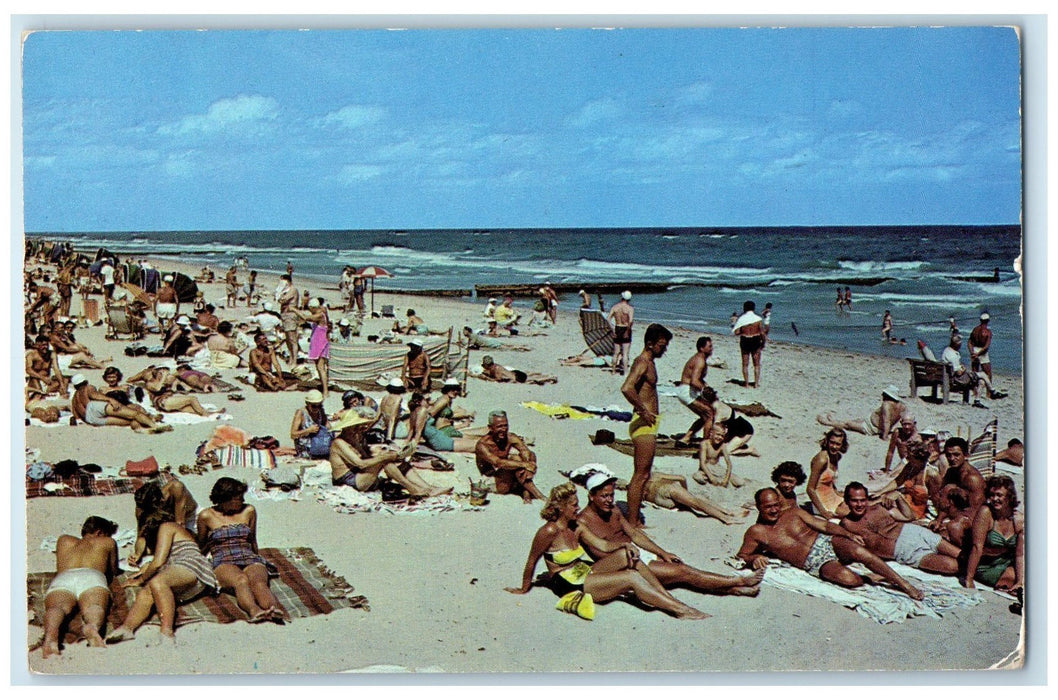 1954 Bathing Setting Relaxing Crowd Sun Surf Seashore Virginia Beach VA Postcard