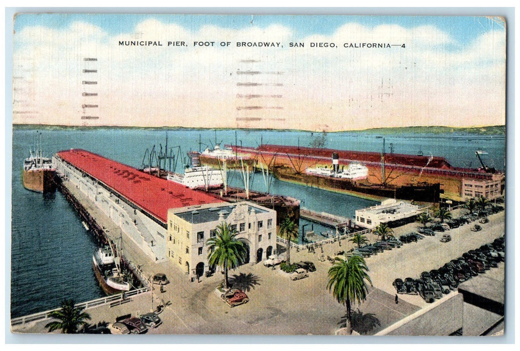 1947 Municipal Pier Foot Of Broadway Boats San Diego California CA Cars Postcard