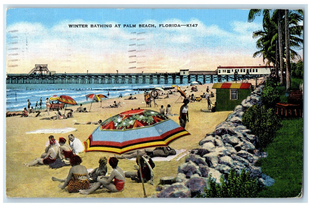 1947 Winter Bathing Truss Bridge Tourists View At Palm Beach Florida FL Postcard