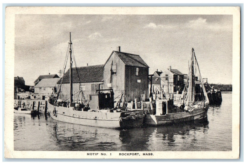 1937 Motif No 1 Fishing Boats Docked Harbor Rockport Massachusetts MA Postcard