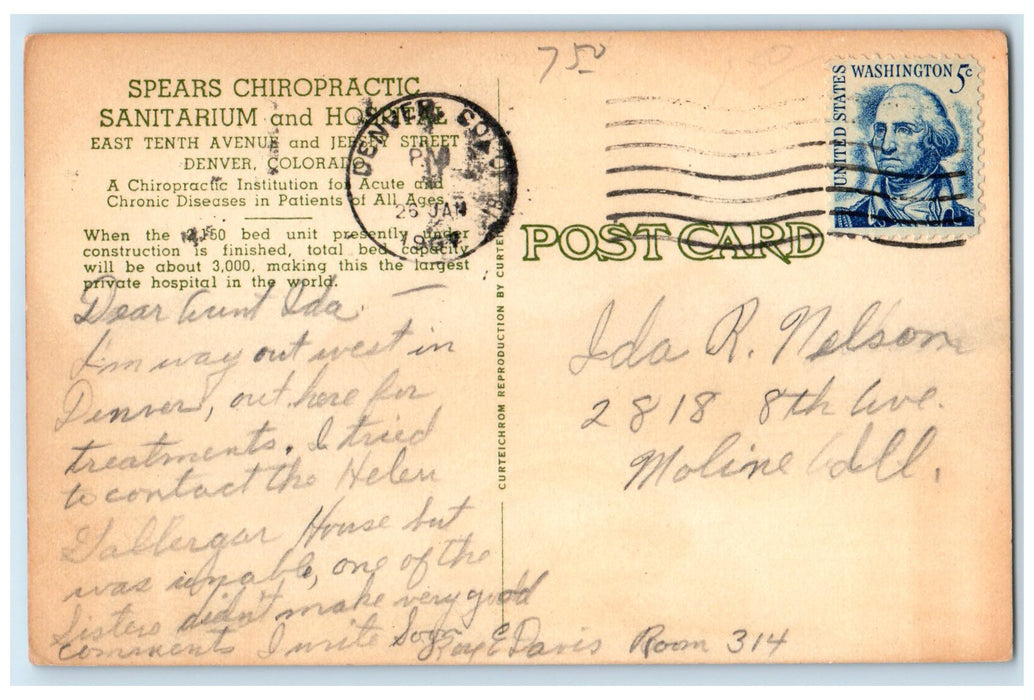 1967 Spears Chiropractic Sanitarium And Hospital Denver Colorado CO Postcard