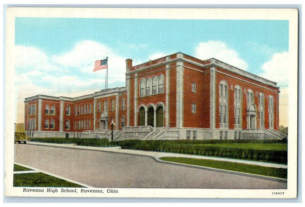 c1940's Ravenna High School Campus Building US Flag Ravenna Ohio OH Postcard