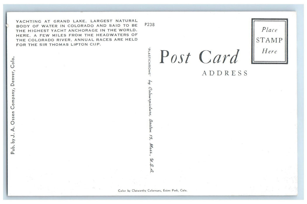 c1950's Yachting Sailboat Largest Water Grand Lake Colorado CO Unposted Postcard