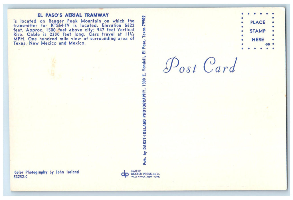 c1960's El Paso's Ranger Peak Aerial Tramway El Paso Texas TE Unposted Postcard