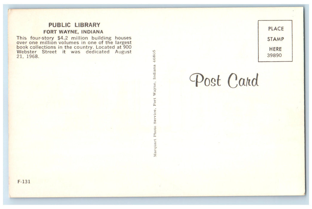 c1960's Public Library Exterior Roadside Fort Wayne Indiana IN Unposted Postcard