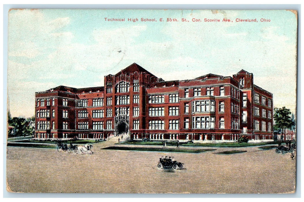 1909 Technical High School Campus Building Classic Cars Cleveland OH Postcard