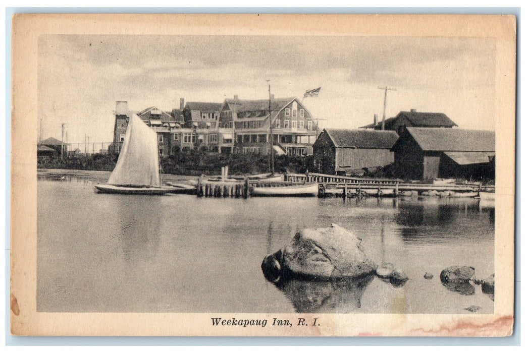 c1920 Weekapaug Inn & Restaurant Canoe Sailboat Harbor Rhode Island RI Postcard