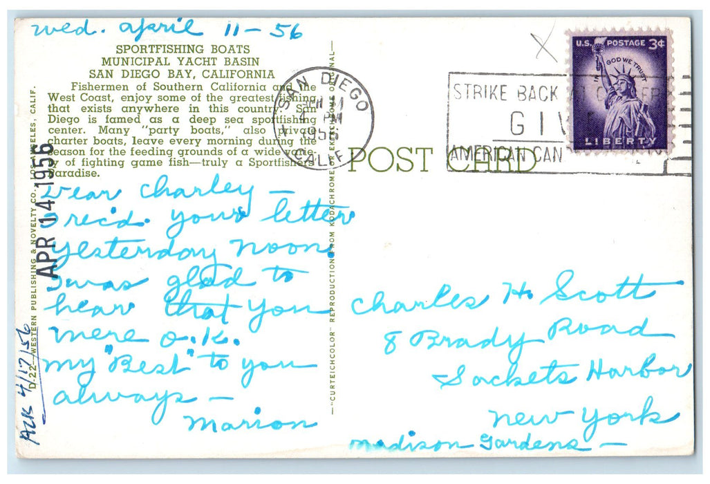1956 Sportfishing Boats Scene Municipal Yacht Basin San Diego CA Posted Postcard