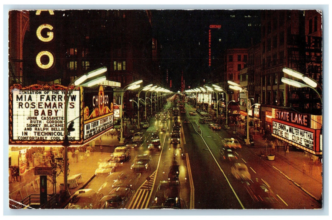 1988 Night View Famous State Street At Night Chicago Illinois IL Cars Postcard