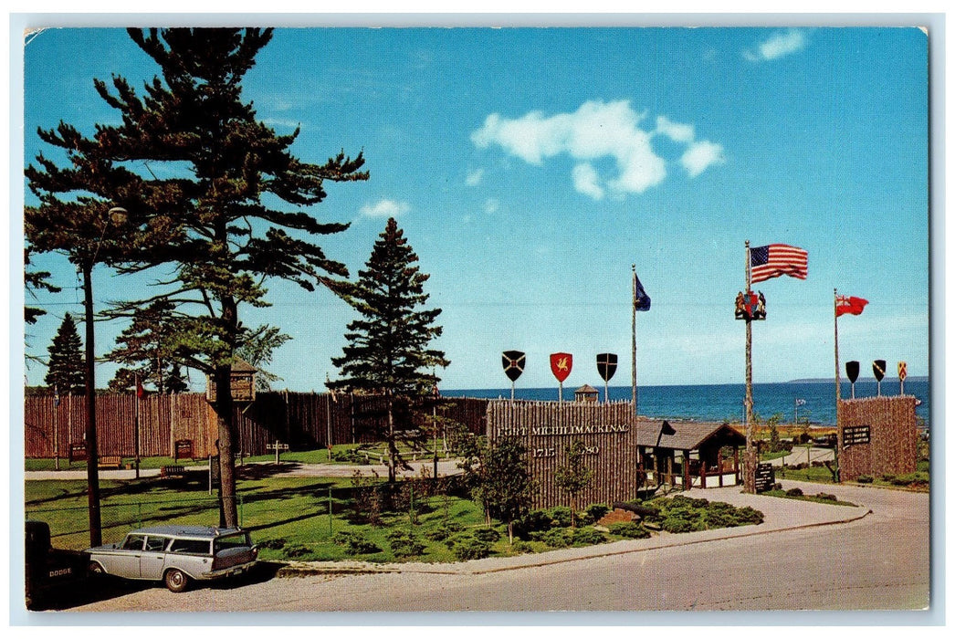 c1950's Fort Michilimackinac State Park Flags Mackinaw City Michigan MI Postcard