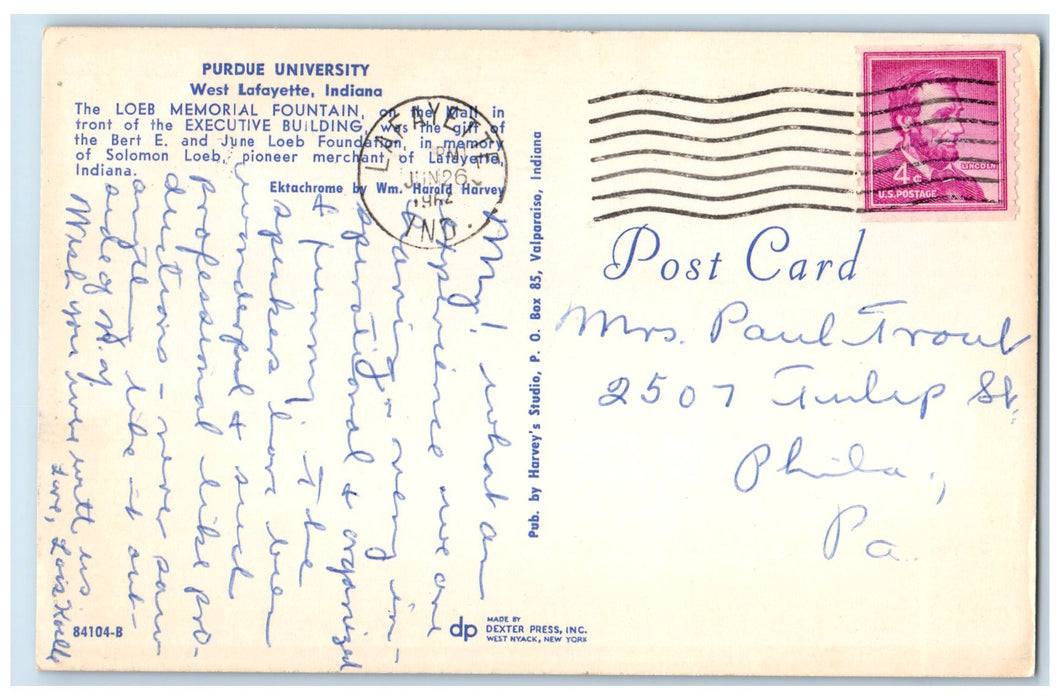 1962 Purdue University Loeb Fountain At Night West Lafayette Indiana IN Postcard