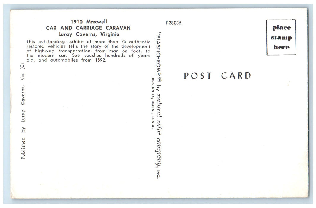 c1950's 1910 Maxwell Car And Carriage Caravan Luray Caverns Virginia VA Postcard
