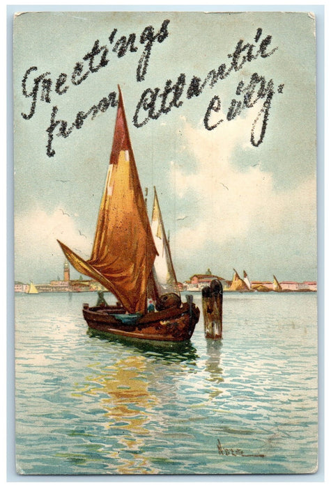 1906 Greetings From Atlantic City Sailboat Painting Art New Jersey NJ Postcard
