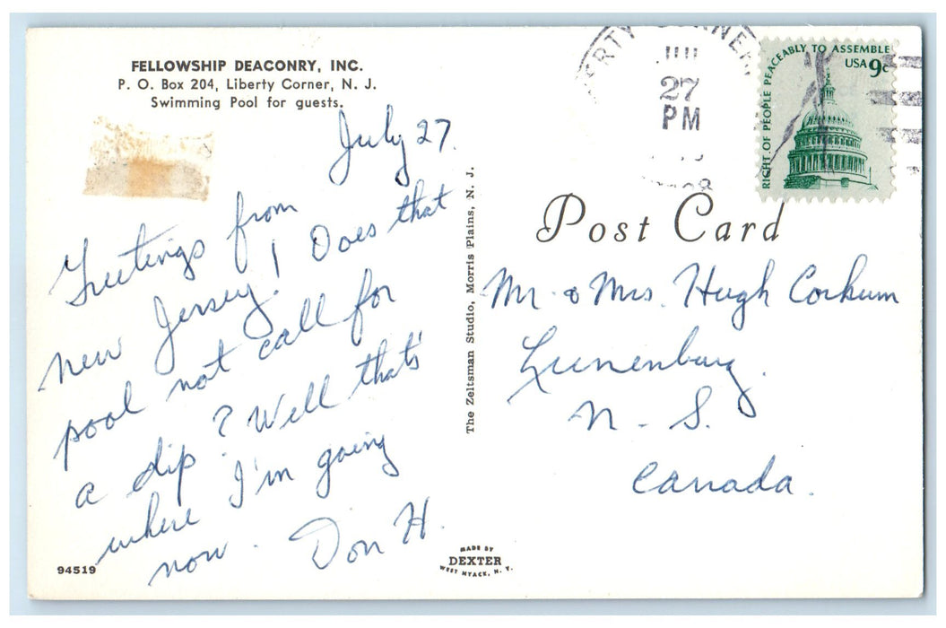 1966 Fellowship Deaconry Incorporation Liberty Corner NJ Posted Pool Postcard