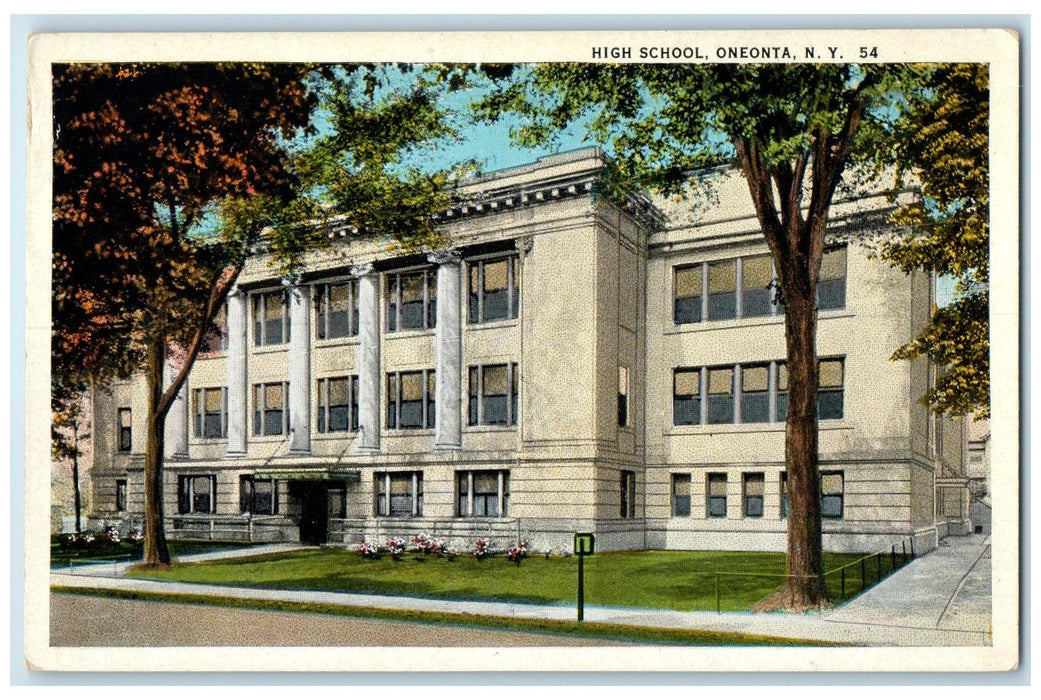 c1920's High School Campus Building Entrance Trees Oneonta New York NY Postcard