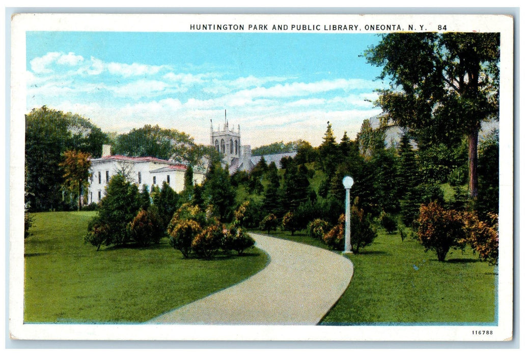 1931 Huntington Park & Public Library Building Pathways Lamp Oneonta NY Postcard