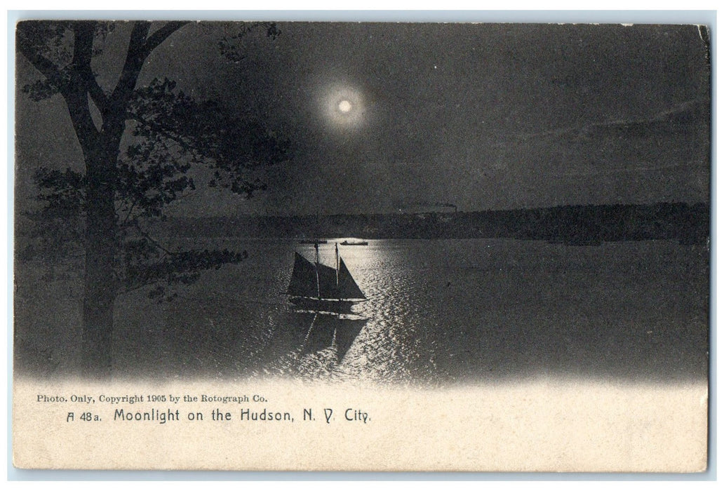 1915 Moonlight On The Hudson New York City New York NY Posted Vintage Postcard