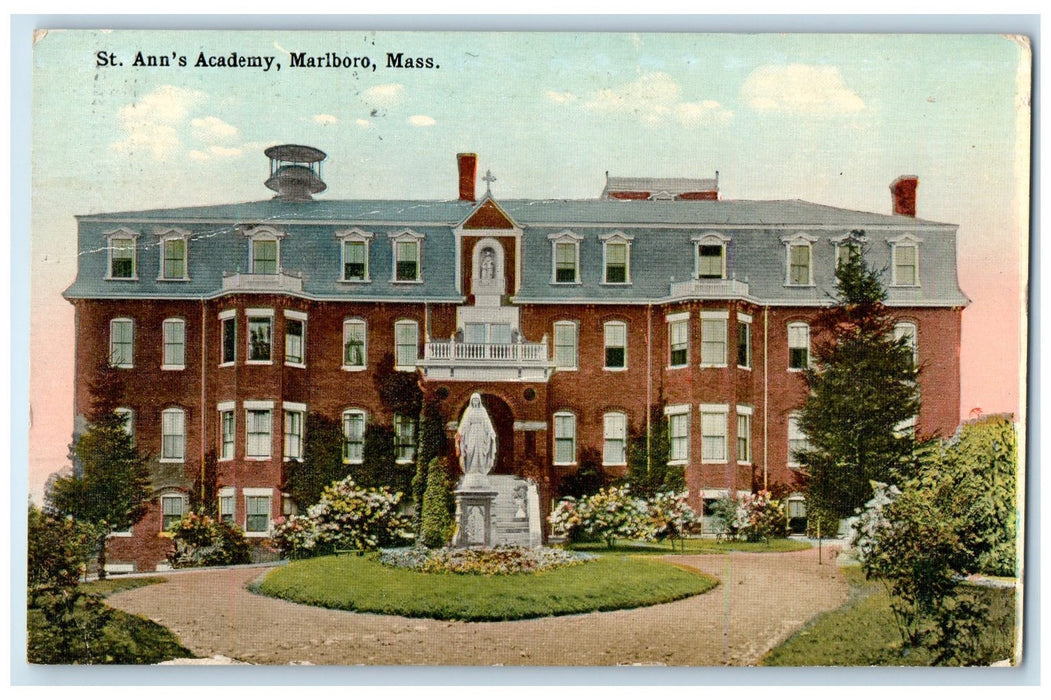 1914 St. Ann's Academy Exterior Marlboro Massachusetts MA Posted Statue Postcard