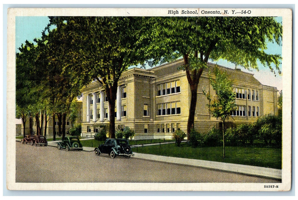 1944 High School Building Campus Classic Cars View Oneonta New York NY Postcard