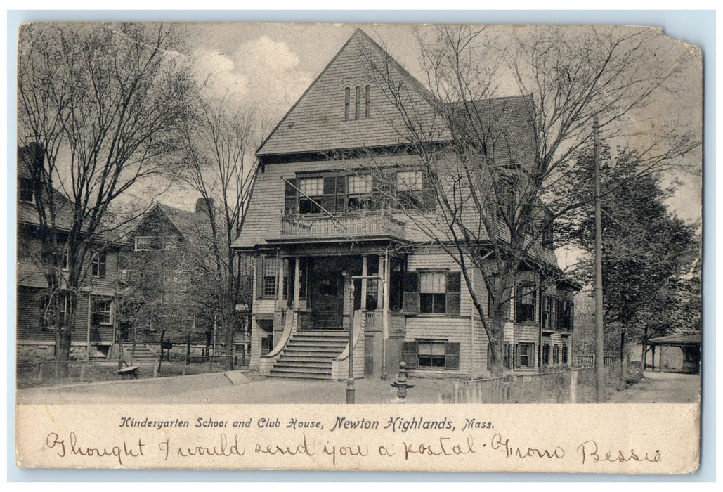 1907 Kindergarten School And Club House Exterior Newton Highlands MA Postcard