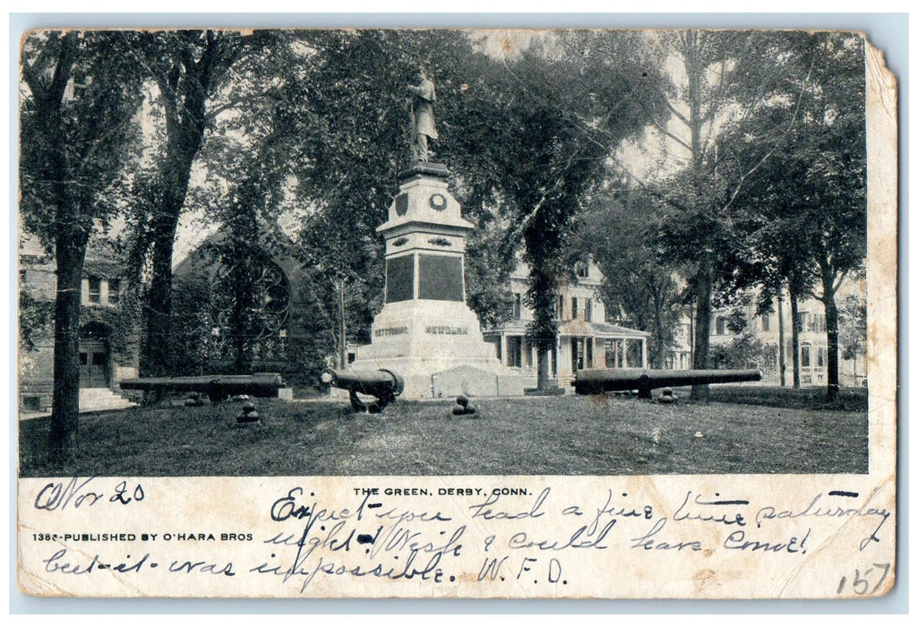 1906 The Green Statue Canon Balls Derby Connecticut CT Posted Vintage Postcard
