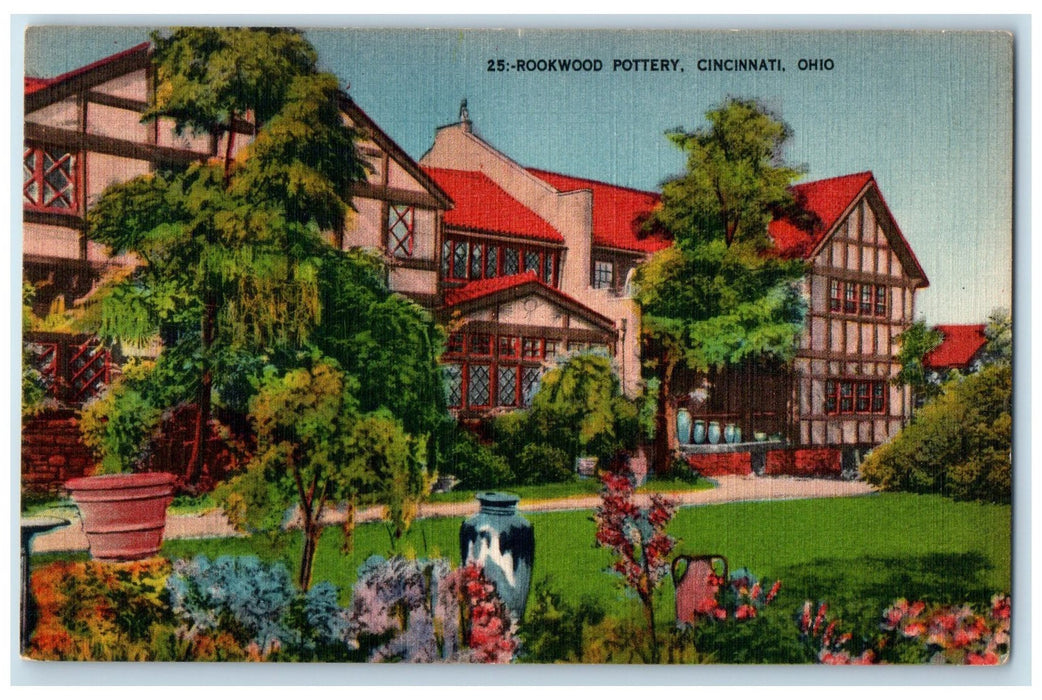1952 Rookwood Pottery Garden Landscape Pots Building Cincinnati Ohio OH Postcard